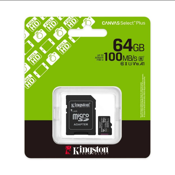 Карта пам'яті Kingston Canvas Select Plus Gen3, 64Gb, micro SDXC UHS-1, class 10 А1, adapter SD - 2