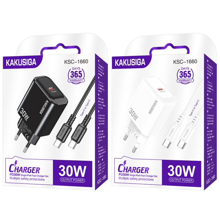 Мережевий зарядний пристрій Kakusiga KSC-1660, Cable Type-C to Type-C, 30W, Black - 3
