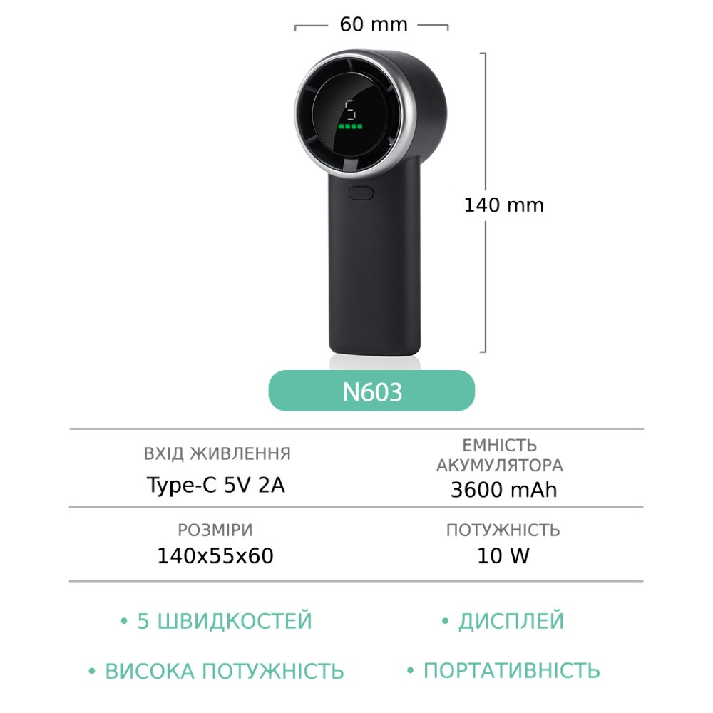 Ручний безпровідний вентилятор GXQC N603 Dark Gray - 7