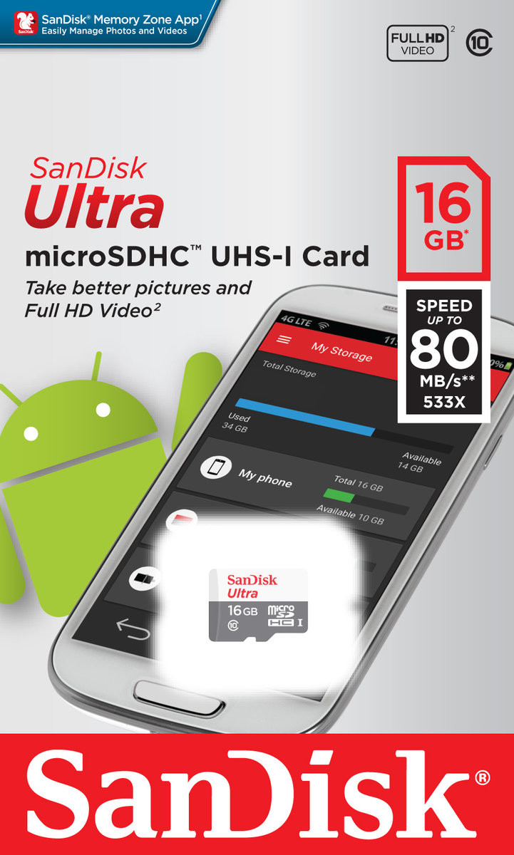 Карта пам'яті micro SDHC (UHS-1) SanDisk Ultra 16Gb class 10 (80Mb/s) - 2