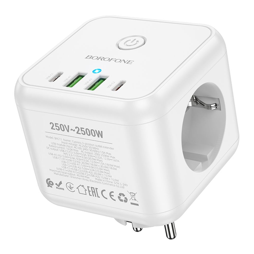 Мережевий подовжувач Borofone BAC11, 3xSocket/2xType-C/2xUSB-A, PD 40W, QC 3.0, White - 1