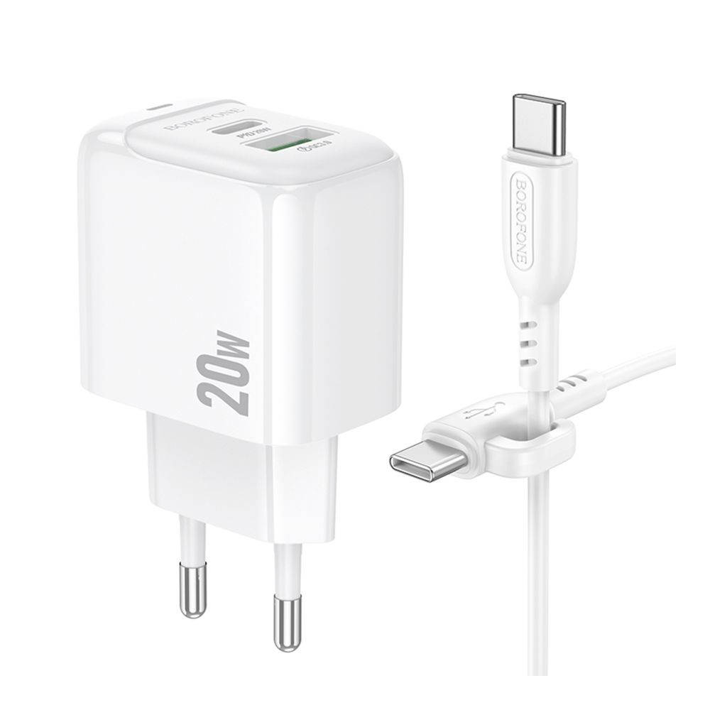 Мережевий зарядний пристрій Borofone BAS44A, Cable Type-C to Type-C, PD 20W, QC 3.0, White - 5