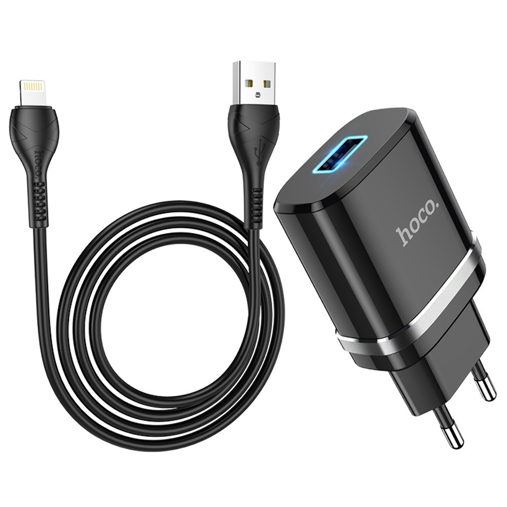 Мережевий зарядний пристрій Hoco N1, Cable Lightning, Black - 10
