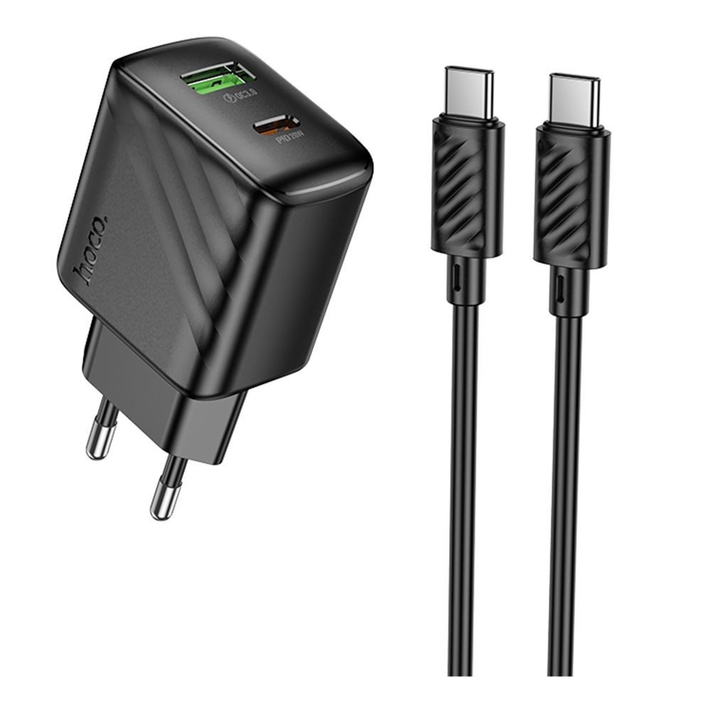 Мережевий зарядний пристрій Hoco CS25A, Cable Type-C to Type-C, PD 20W, QC 3.0, Black - 1