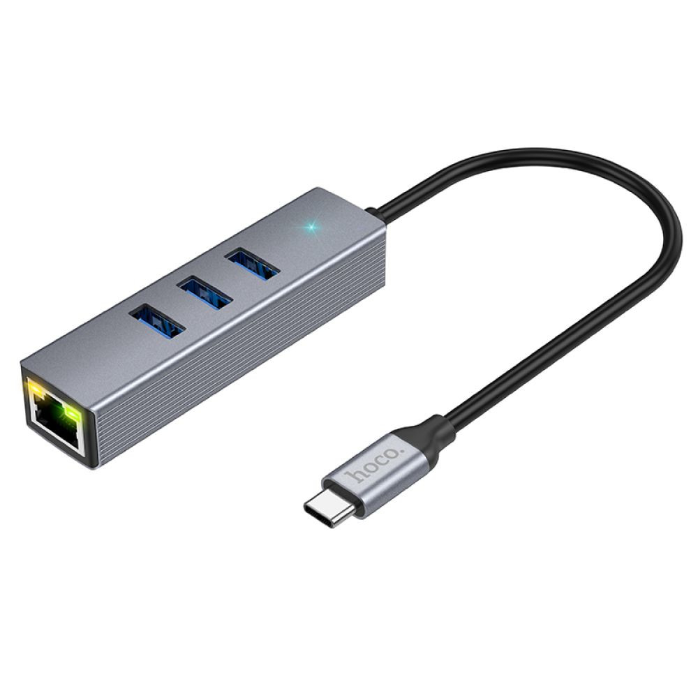 USB-хаб Hoco HB34, Type-C to 3xUSB 3.0/RJ45, 0.15m, Gray - 1