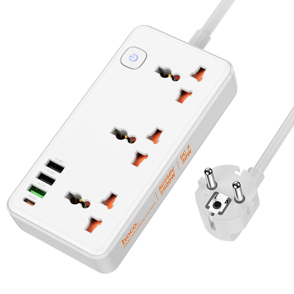 Мережевий подовжувач Hoco AC8A, 3xSocket, 1xType-C, 3xUSB-A, PD 30W, QC 3.0, 1.5m, White - 1