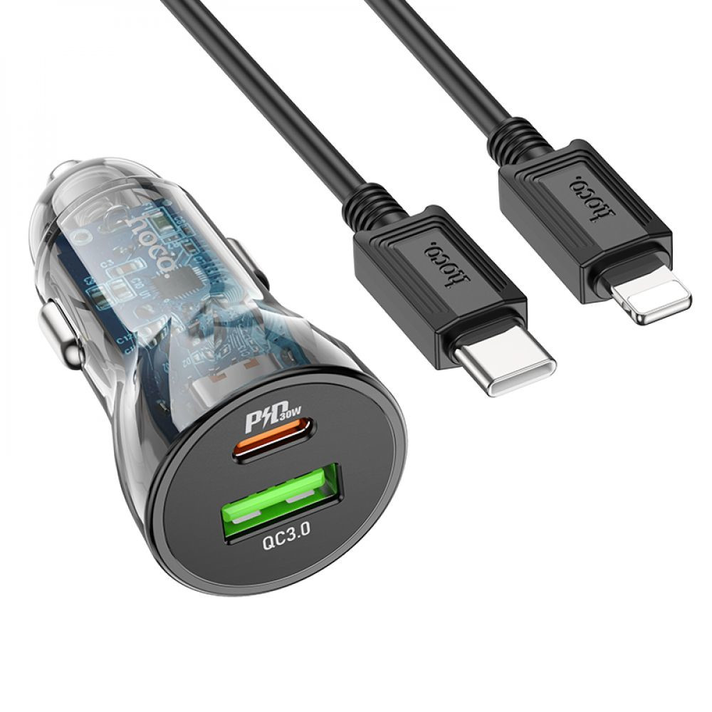 Автомобільний Зарядний Пристрій Hoco Z47A Transparent PD30W, QC3.0, Cable Type-C to Lightning, Black - 1