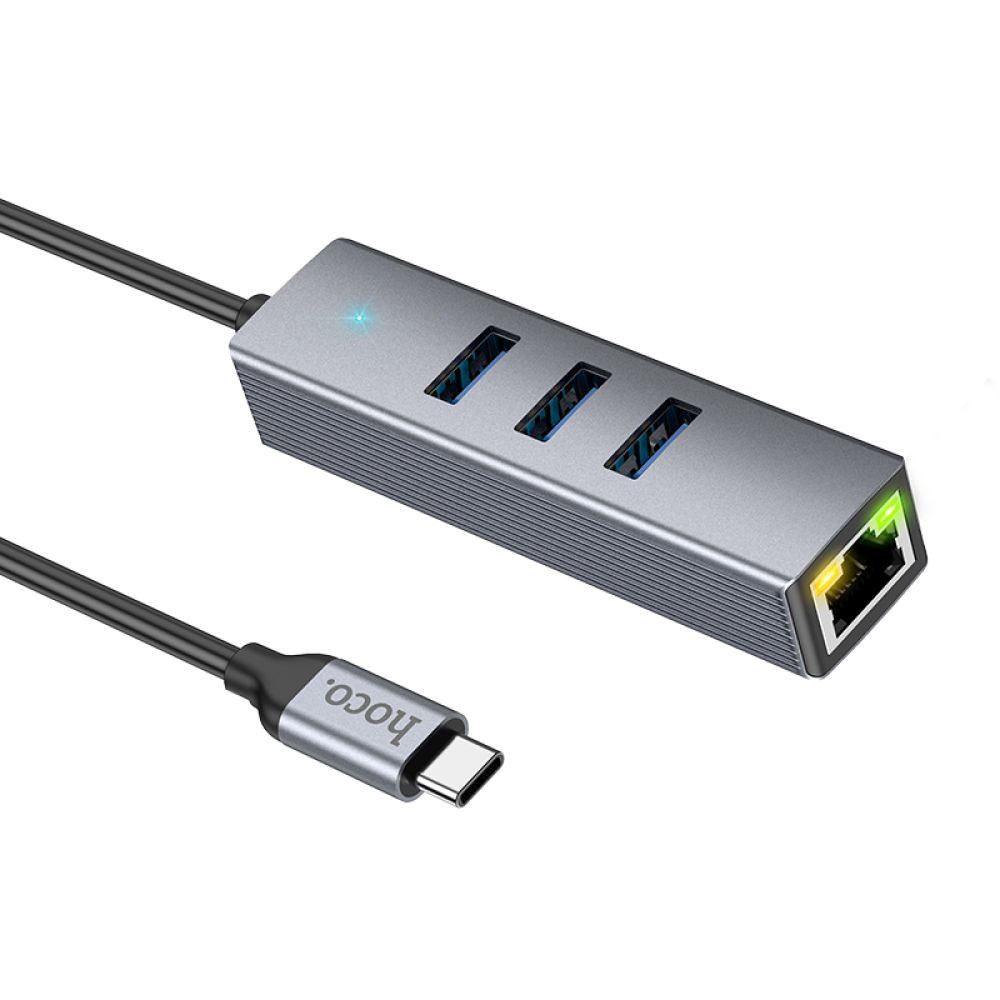 USB-хаб Hoco HB34, Type-C to 3xUSB 3.0/RJ45, 0.15m, Gray - 3