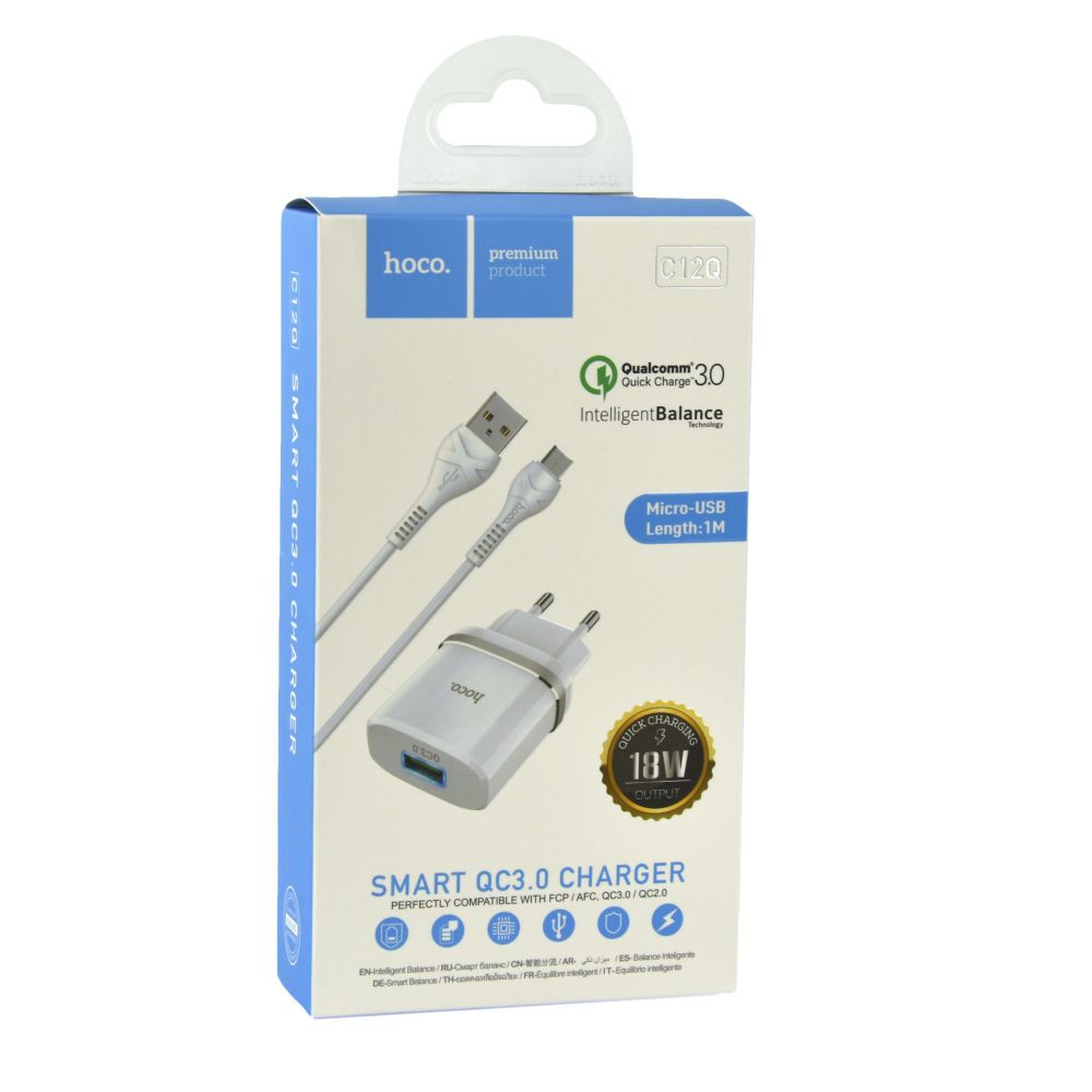 Мережевий зарядний пристрій Hoco C12Q, QC 3.0, PD 18W, Cable Micro White - 9