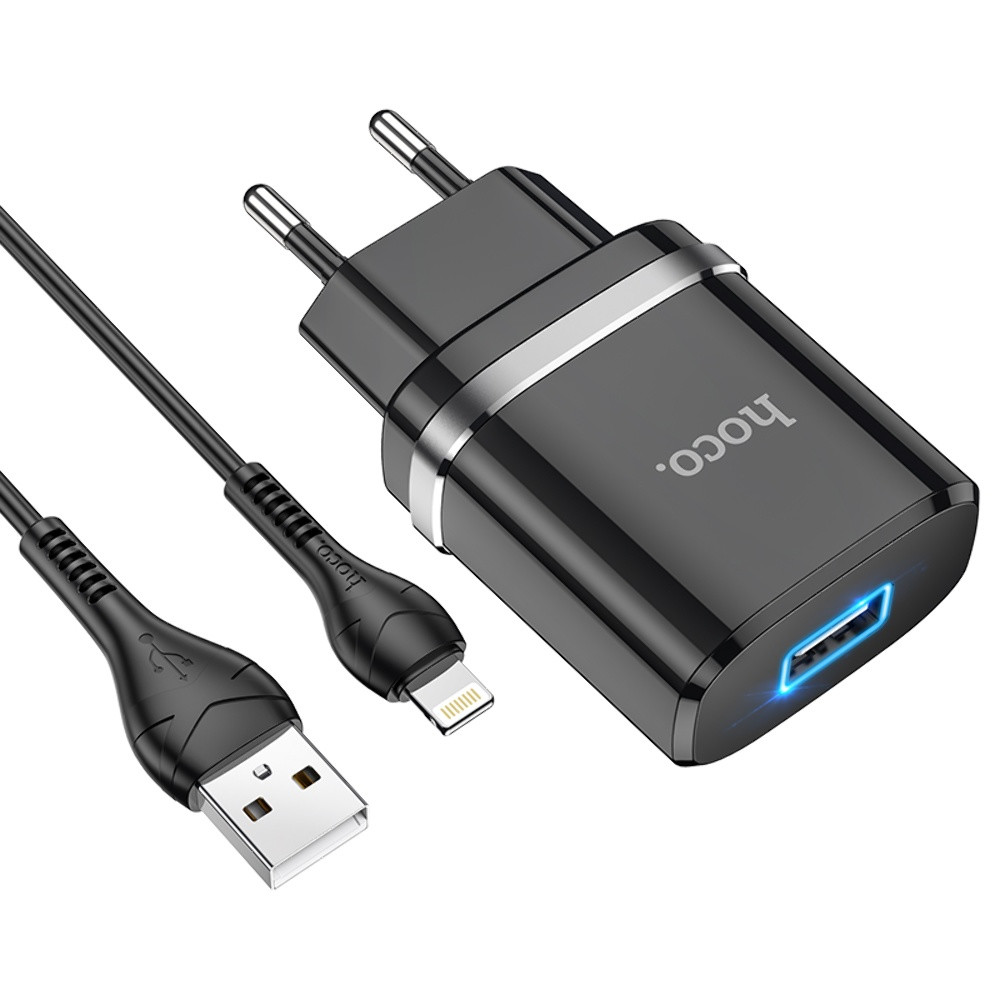 Мережевий зарядний пристрій Hoco N1, Cable Lightning, Black - 1