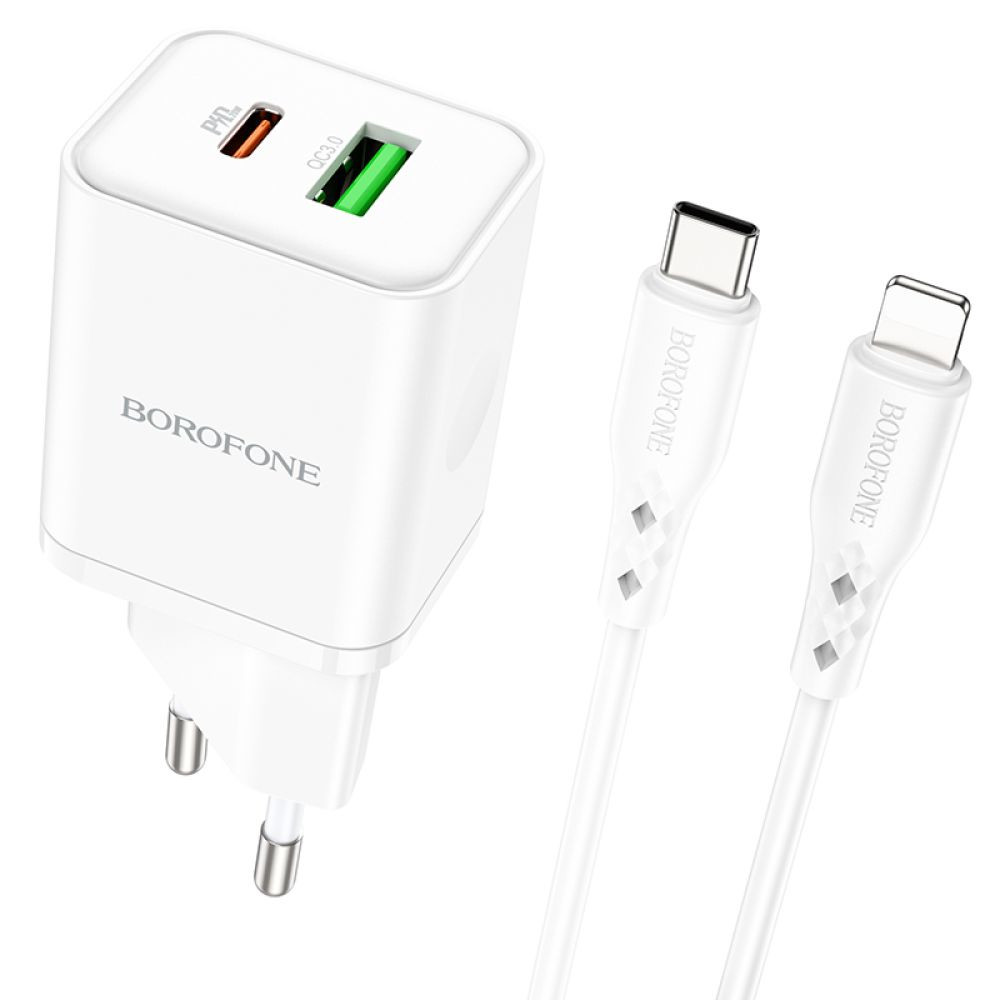 Мережевий зарядний пристрій Borofone BN7, Cable Type-C to Lightning, PD 20W, QC 3.0, White - 1