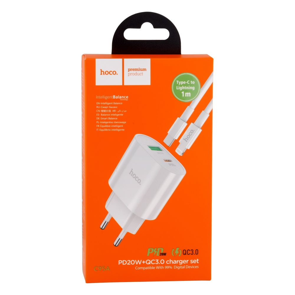 Мережевий зарядний пристрій Hoco C95A, Cable Type-C to Lightning, PD 20W, QC 3.0, White - 5