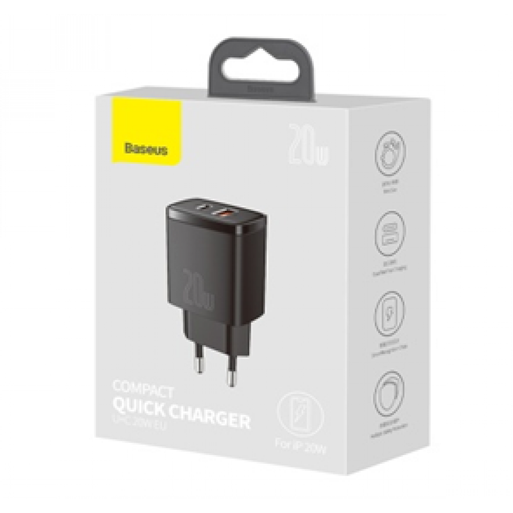 Мережевий Зарядний Пристрій Baseus Compact Quick Charger, QC 3.0, PD 20W, Black - 2