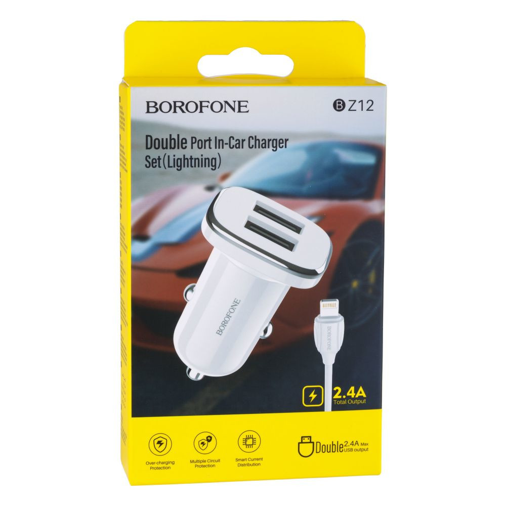 Автомобільний Зарядний Пристрій Borofone BZ12 2.4A Lightning 2 USB White - 1