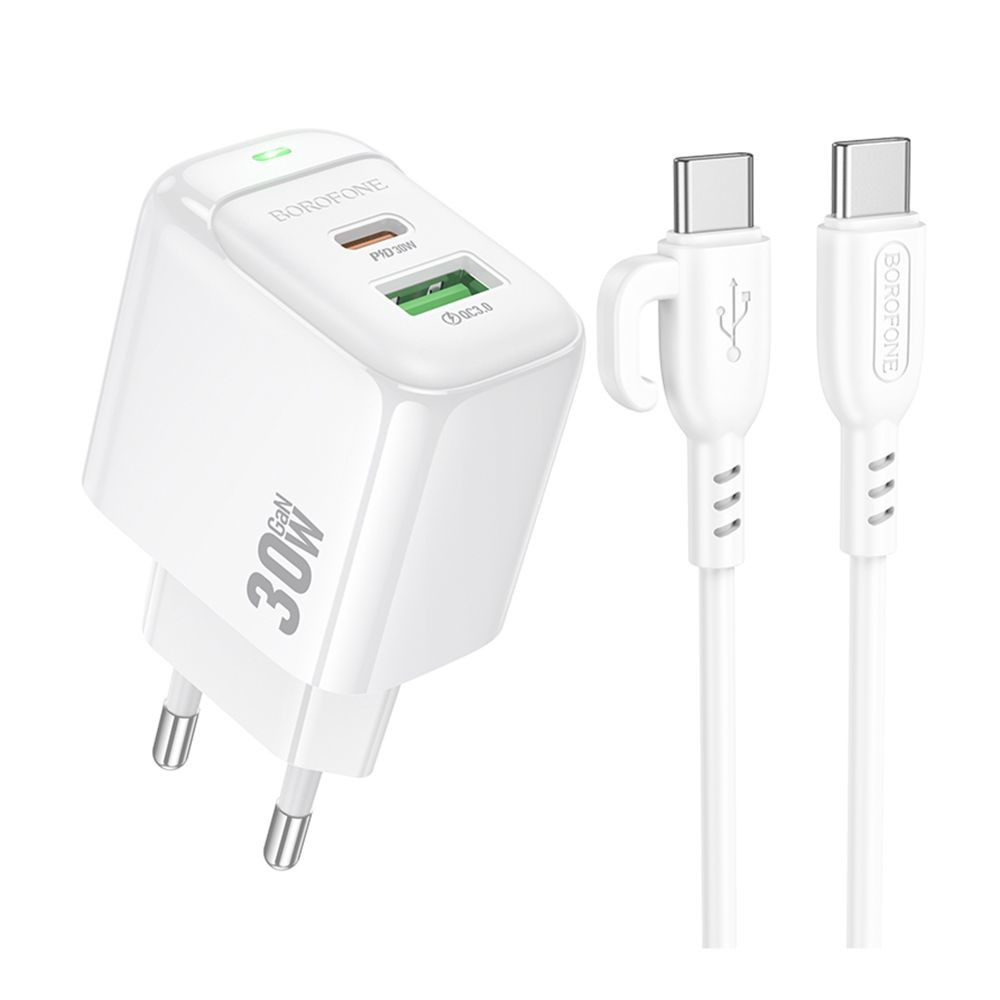 Мережевий зарядний пристрій Borofone BAS45A, Cable Type-C to Lightning, PD 30W, QC 3.0, White - 1