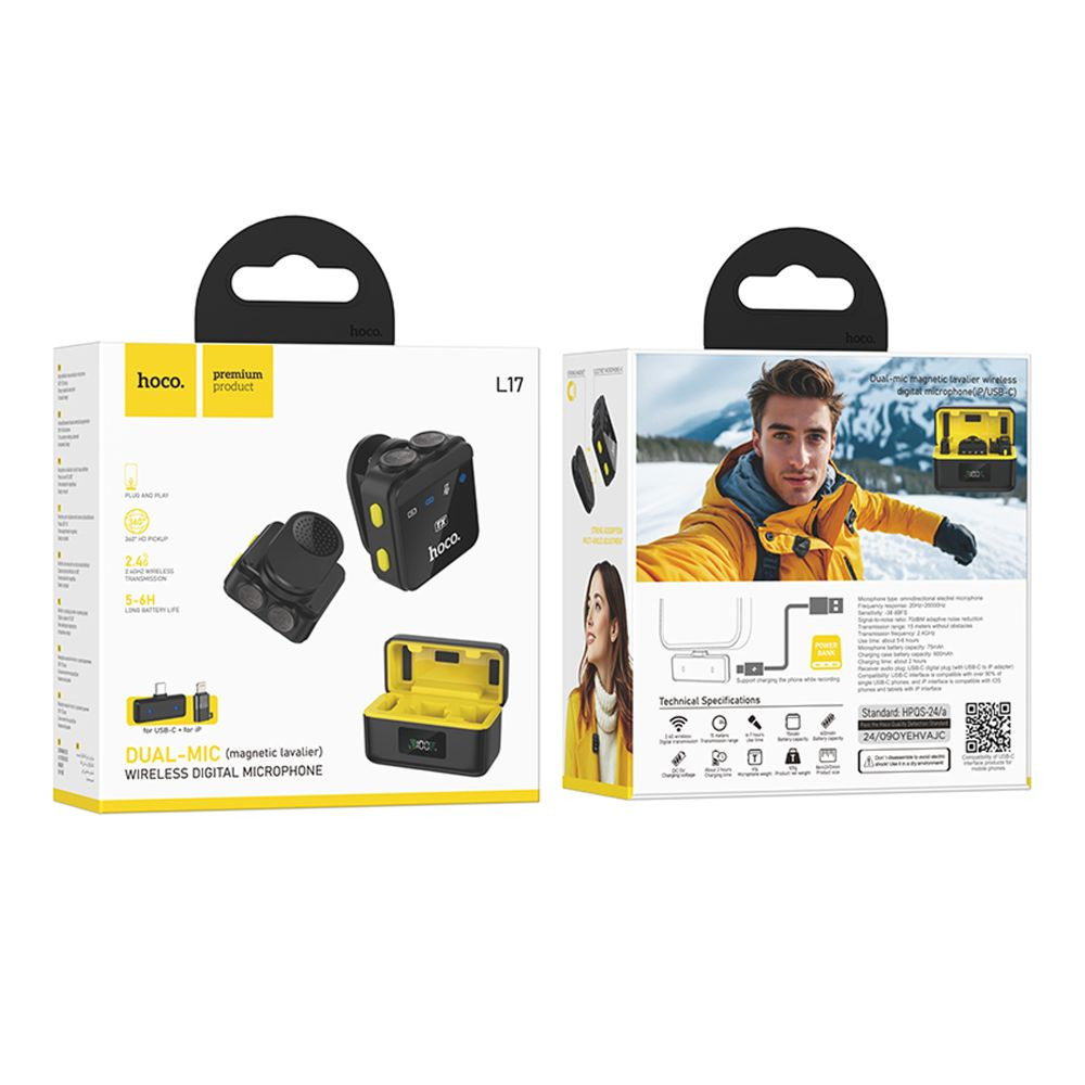 Мікрофон безпровідний Hoco L17, Type-C/Lightning, Dual-mic, Black - 3