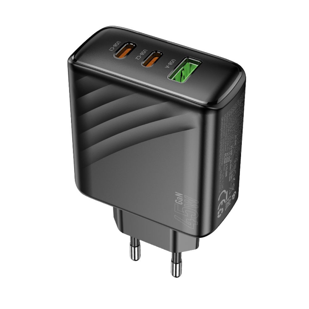 Мережевий зарядний пристрій Hoco CS26A, 2xType-C, 1xUSB-A, PD 45W, QC 3.0, Black - 9