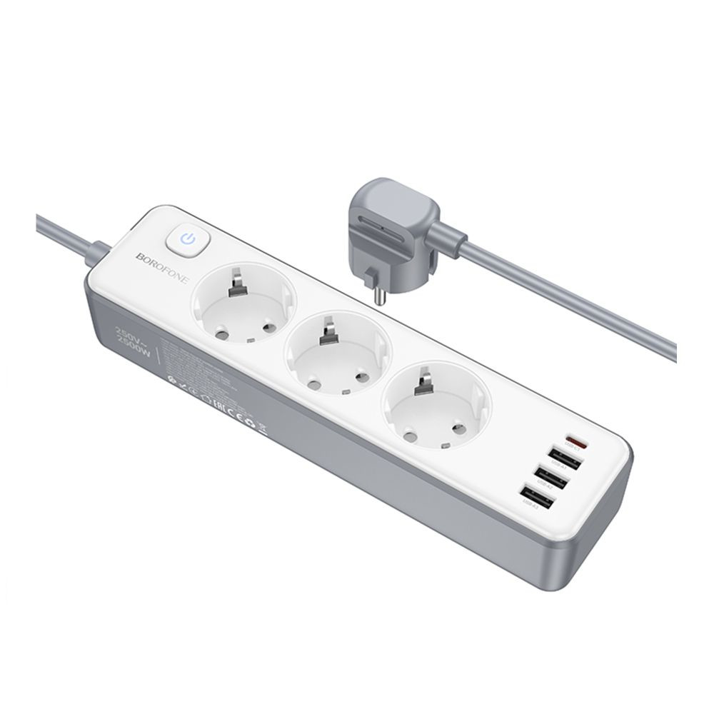 Мережевий подовжувач Borofone BAC9, 3xSocket/1xType-C/3xUSB-A, PD 20W, 3m, White - 4