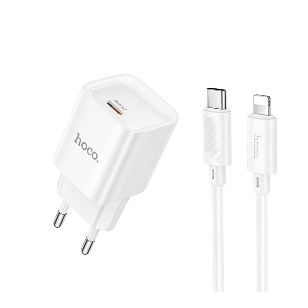 Мережевий зарядний пристрій Hoco C146A, Cable Type-C to Lightning, PD 20W, QC 3.0, White - 1