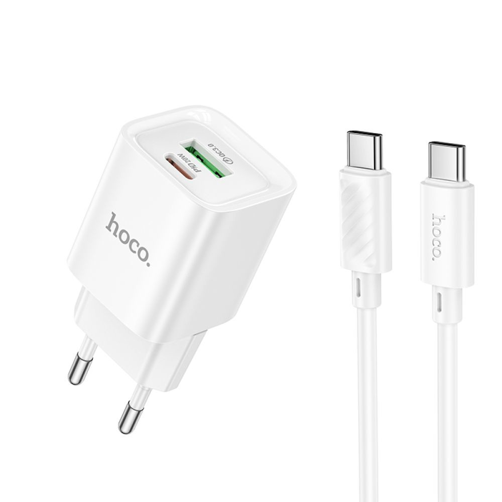 Мережевий зарядний пристрій Hoco C147A, Cable Type-C to Type-C, PD 20W, QC 3.0, White - 1