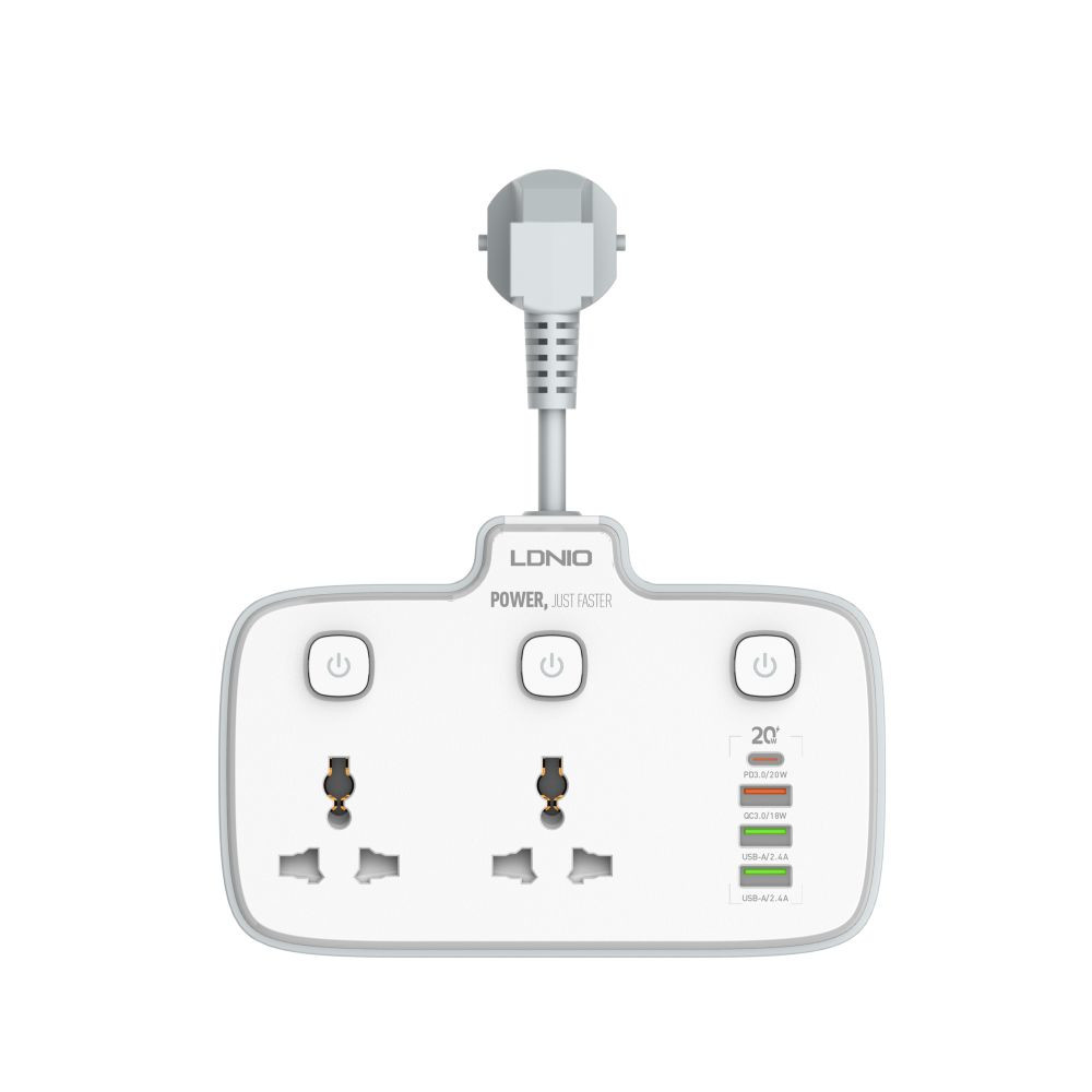 Мережевий подовжувач LDNIO SC2413, 2xSocket/1xType-C/3xUSB-A, PD 20W, QC 3.0, White - 1