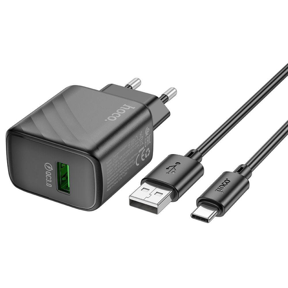 Мережевий Зарядний Пристрій Hoco CS21A, USB-A, QC3.0 18W, Cable Type-C, Black - 5