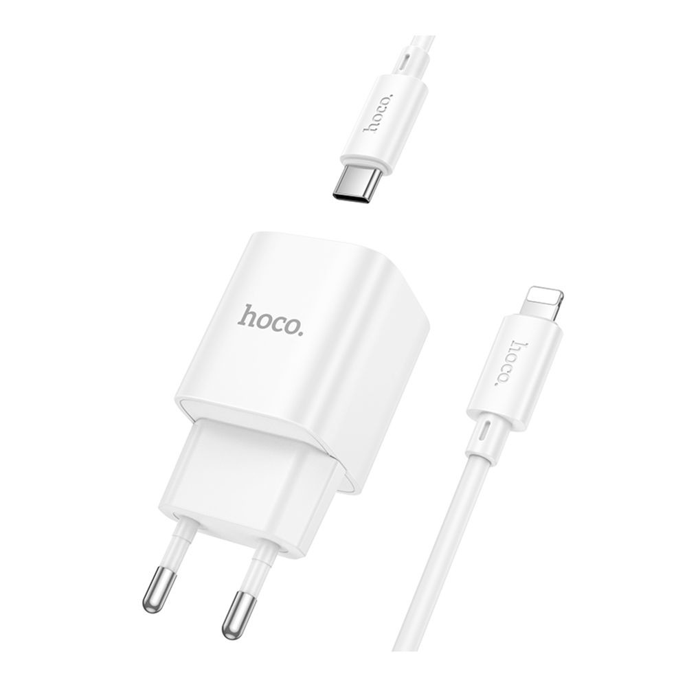 Мережевий зарядний пристрій Hoco C147A, Cable Type-C to Lightning, PD 20W, QC 3.0, White - 10