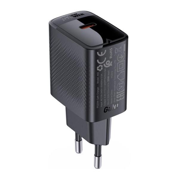 Мережевий зарядний пристрій Acefast A82, PD 20W, GaN, Black - 1
