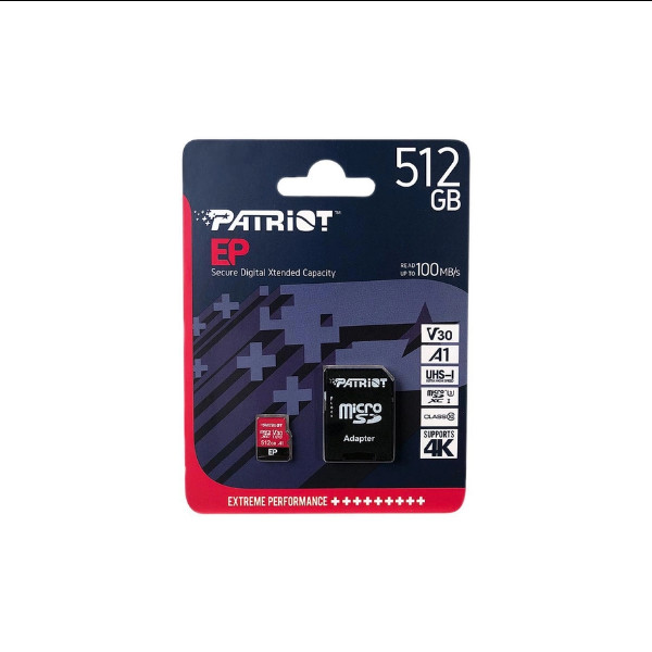 Карта пам'яті Patriot EP Series, 512Gb, microSDXC, class 10 V30, R-100MB/s, W-80MB/s, adapter SD - 2