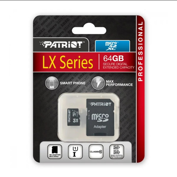 Карта пам'яті Patriot LX Series, 64Gb, micro SDXC UHS-1, class 10, adapter SD - 2