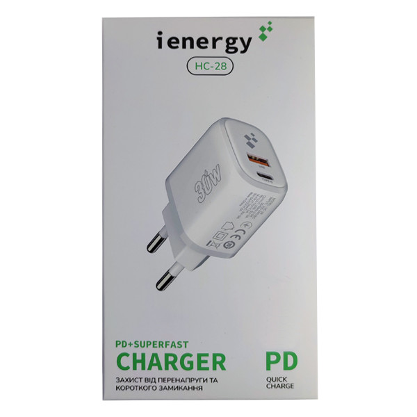 Мережевий Зарядний Пристрій iEnergy HC-28, Cable Type-C to Lightning, PD+Q.C 3.0, 30W Max White - 3