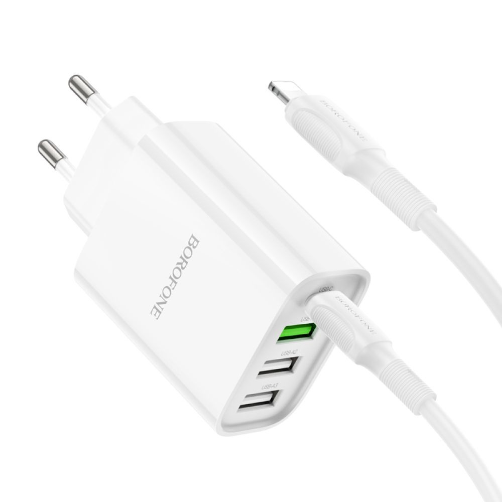 Мережевий зарядний пристрій Borofone BA79A, Cable Type C to Lightning, PD 20W, QC 3.0, White - 5