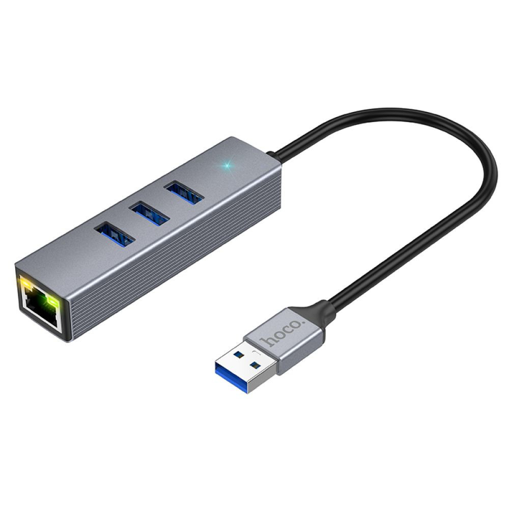 USB-хаб Hoco HB34, USB to 3xUSB 3.0/RJ45, 0.15m, Gray - 1