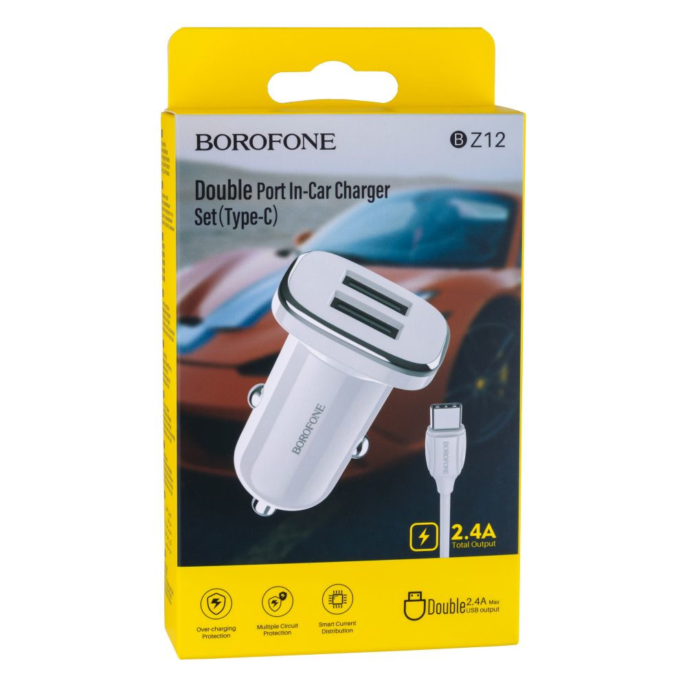 Автомобільний Зарядний Пристрій Borofone BZ12 2.4A Type-C 2 USB White - 1