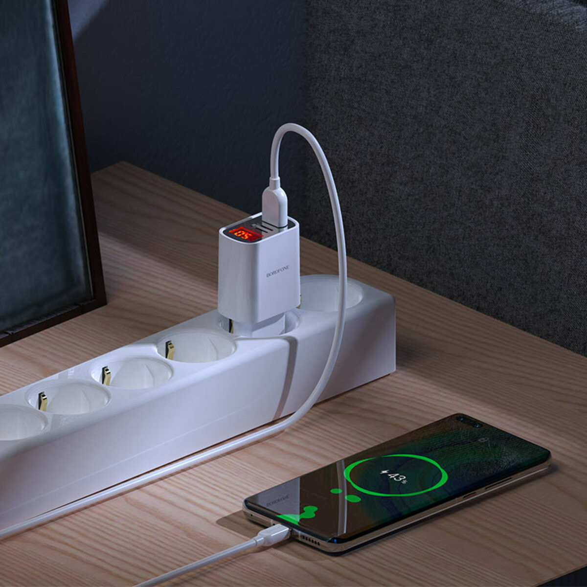 Мережевий зарядний пристрій Borofone BA58A, LCD Display, Cable Type-C, 2xUSB-A, 2.4A, White - 8