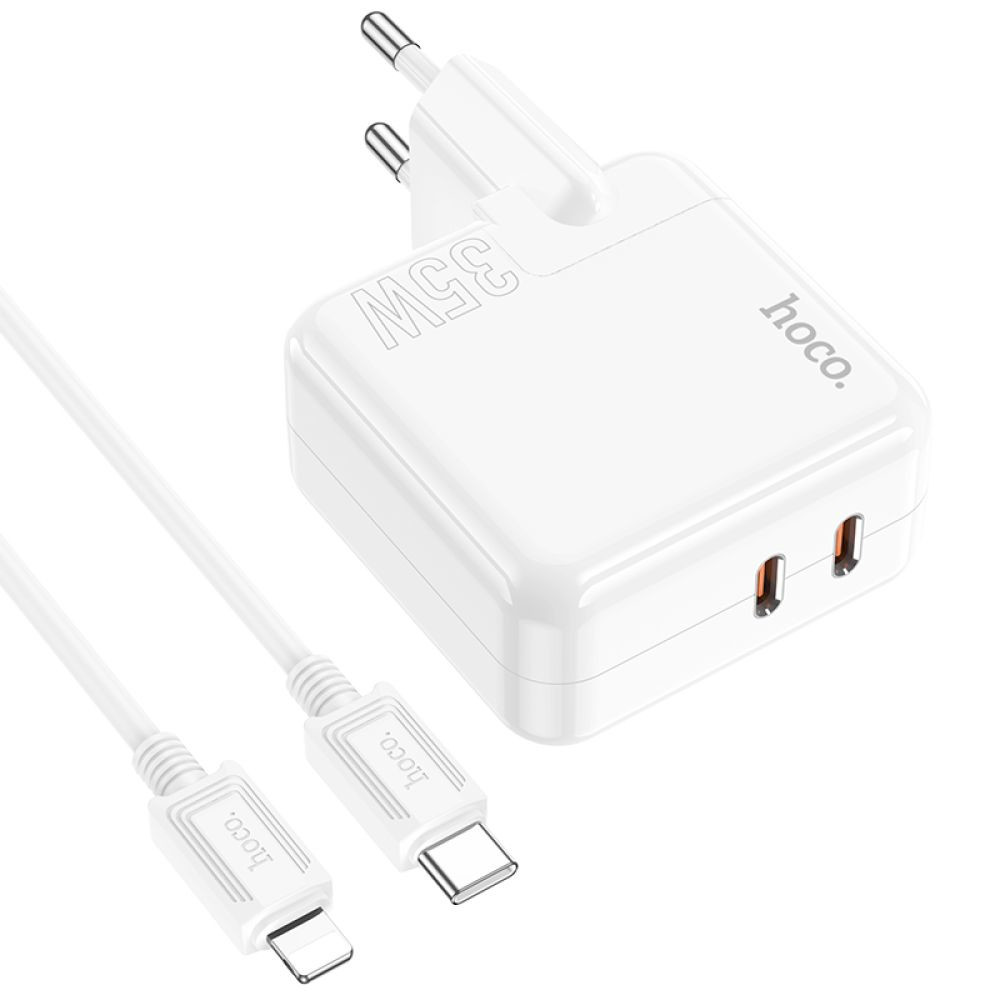 Мережевий зарядний пристрій Hoco C110A, Cable Type-C to Lightning, PD 35W, QC 3.0, White - 7