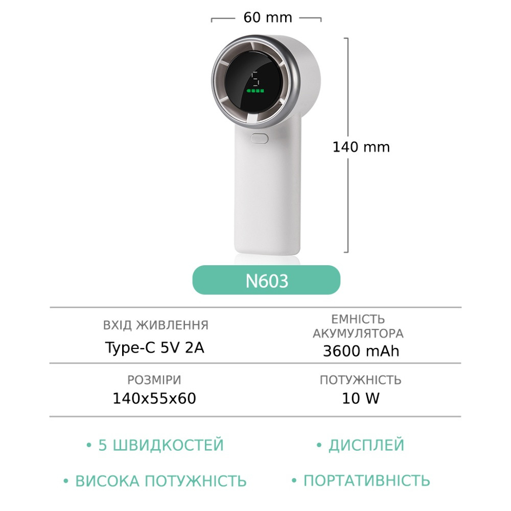 Ручний безпровідний вентилятор GXQC N603 White - 7