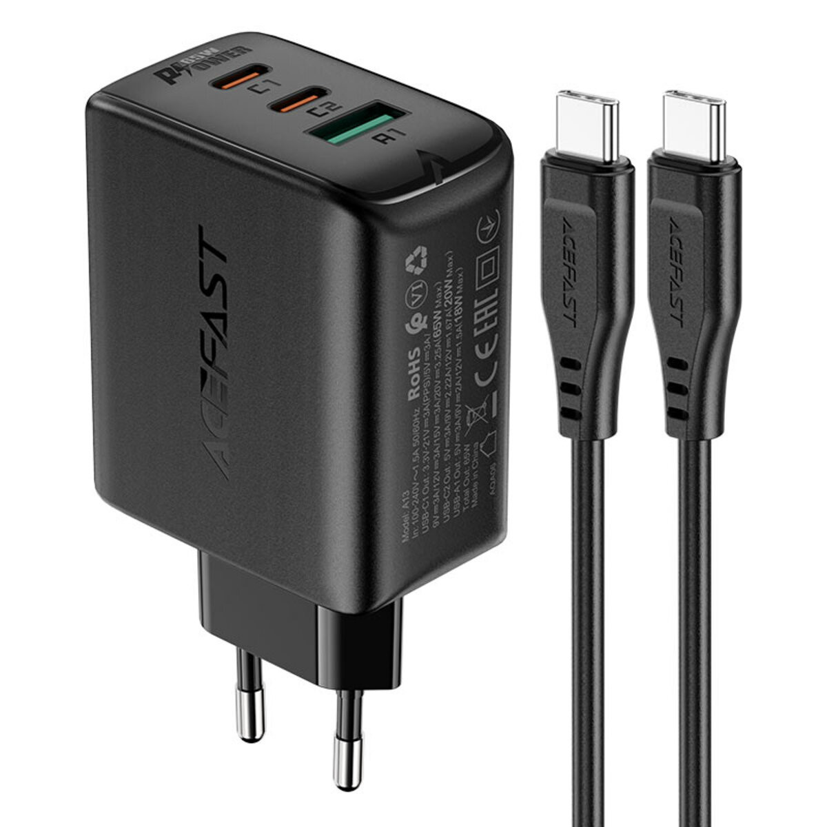 Мережевий зарядний пристрій Acefast A13 PD 65W, 2xUSB-C,1xUSB-A, Cable Type-C to Type-C Black - 2
