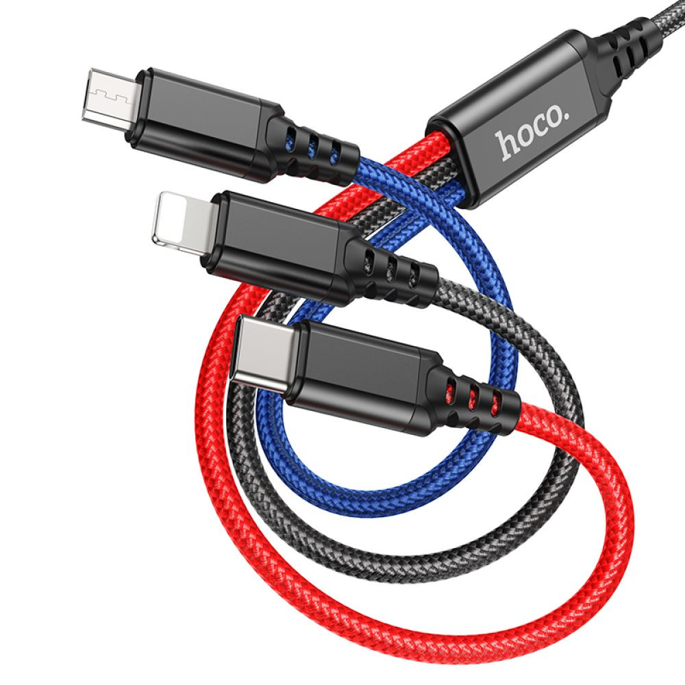 Кабель Hoco X76, 3-in-1 Lightning/Type-C/Micro, 1m, 2A, Black/Red/Blue - 1