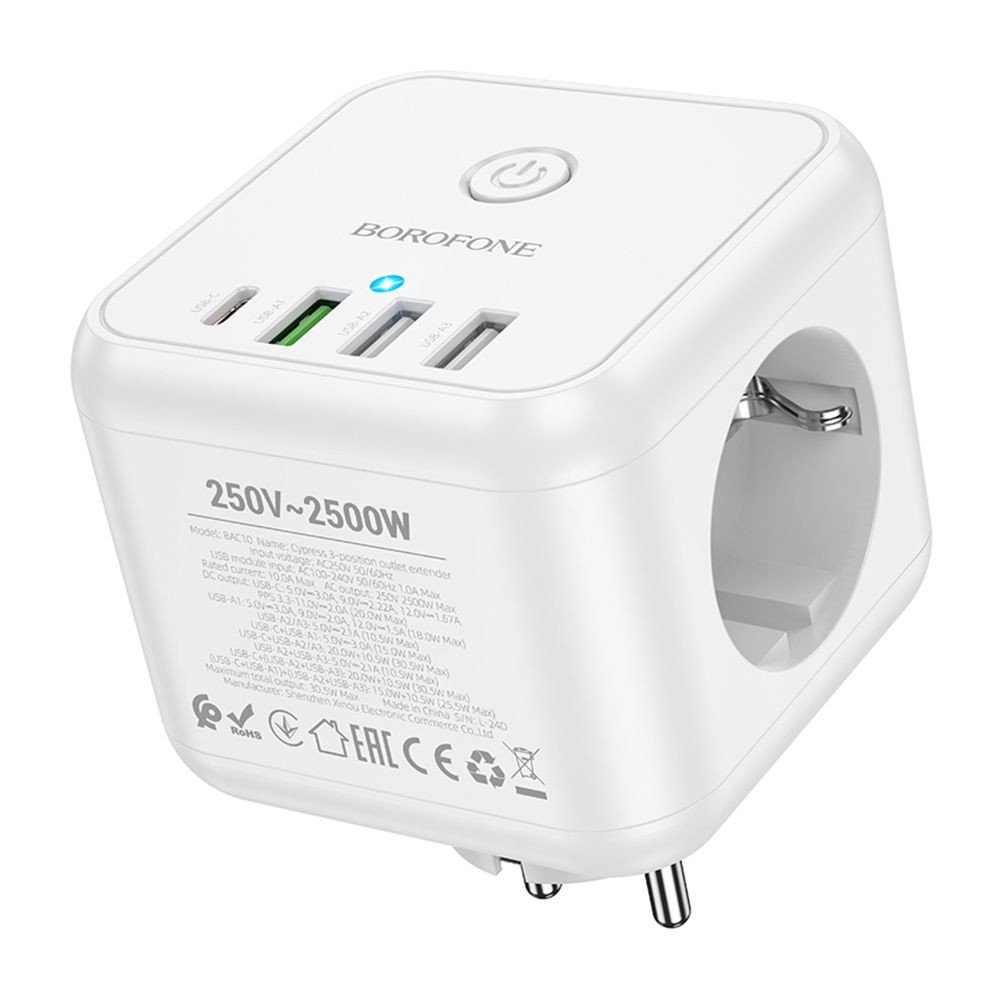 Мережевий подовжувач Borofone BAC10, 3xSocket/1xType-C/3xUSB-A, PD 20W, QC 3.0, White - 1