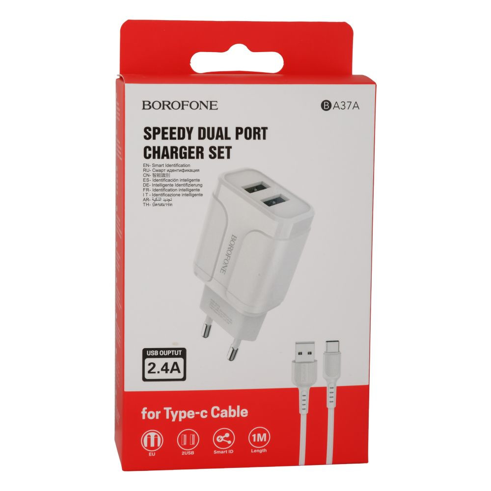 Мережевий зарядний пристрій Borofone BA37A, Cable Type-C, 2.4A, White - 2