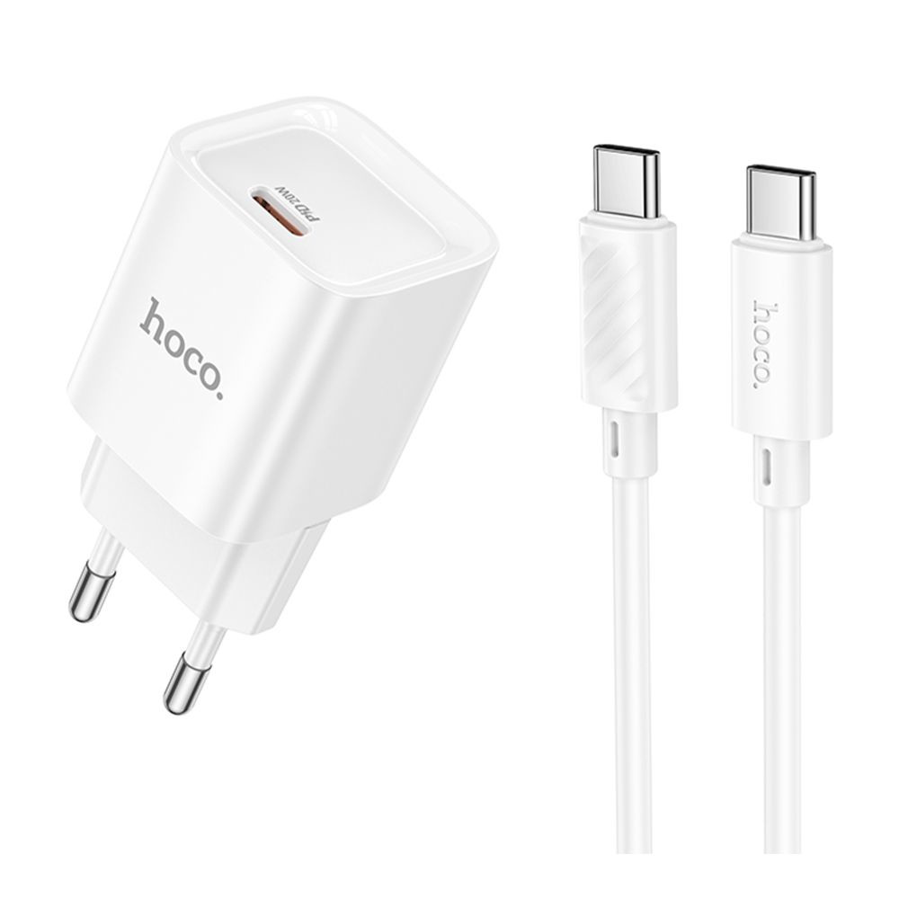 Мережевий зарядний пристрій Hoco C146A, Cable Type-C to Type-C, PD 20W, QC 3.0, White - 1