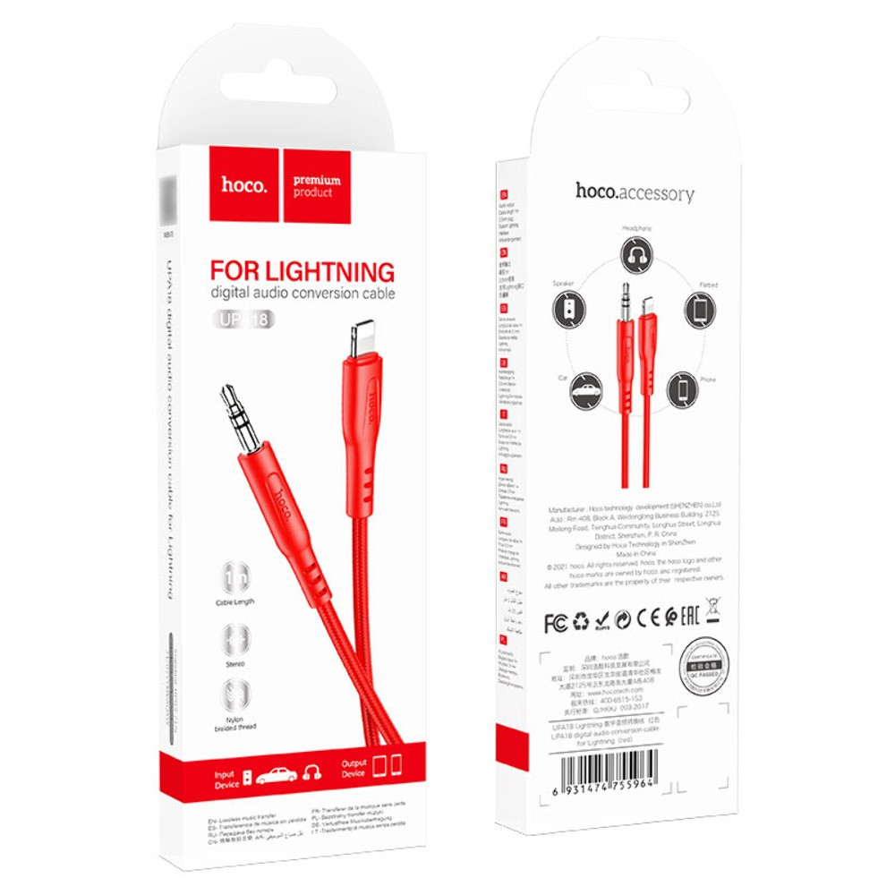 Кабель AUX Hoco UPA18, Lightning to Jack 3.5 mm, 1m, Red - 4