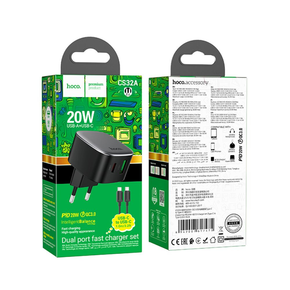 Мережевий зарядний пристрій Hoco CS32A, Cable Type-C to Type-C, PD 20W, QC 3.0, Black - 3