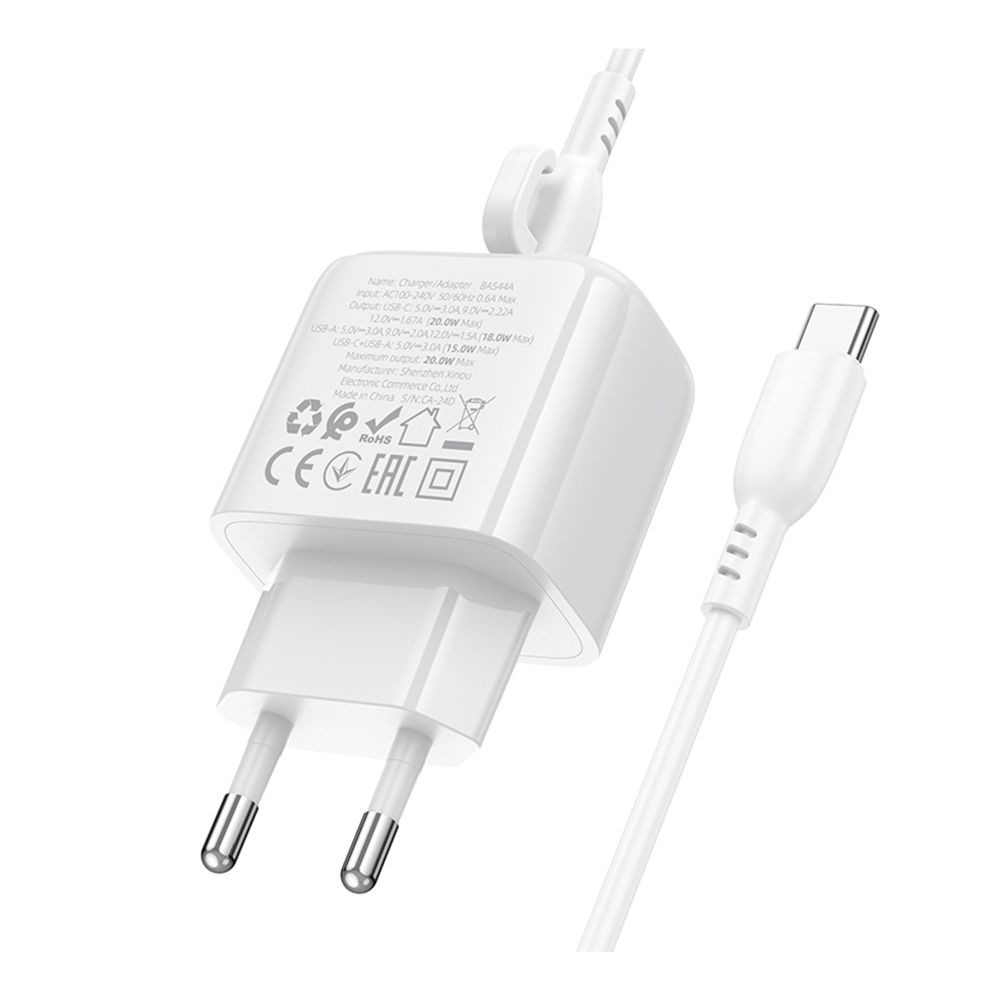 Мережевий зарядний пристрій Borofone BAS44A, Cable Type-C to Type-C, PD 20W, QC 3.0, White - 6