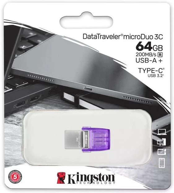 Флешка Kingston DT microDuo 3C, USB 3.2, 64GB, Purpule - 1