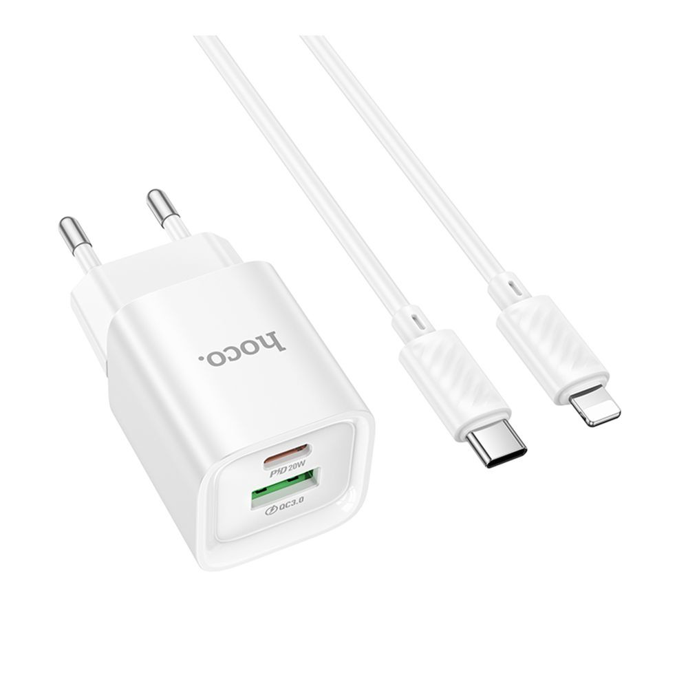 Мережевий зарядний пристрій Hoco C147A, Cable Type-C to Lightning, PD 20W, QC 3.0, White - 9