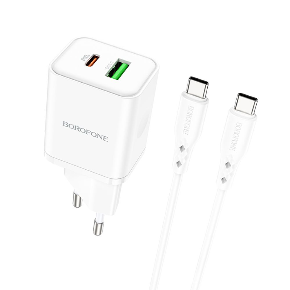 Мережевий зарядний пристрій Borofone BN7, Cable Type-C to Type-C, PD 20W, QC 3.0, White - 3