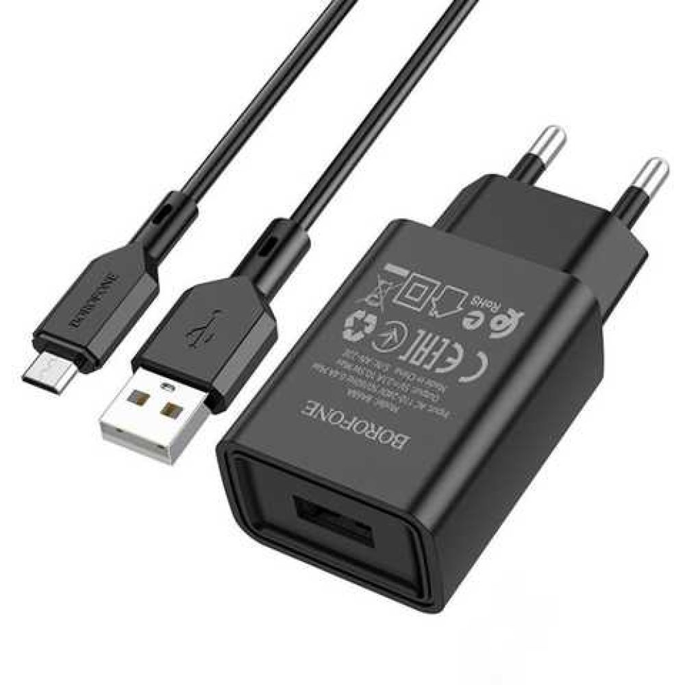 Мережевий зарядний пристрій Borofone BA68A, Cable Micro, 1xUSB-A, 2.1A, Black - 1