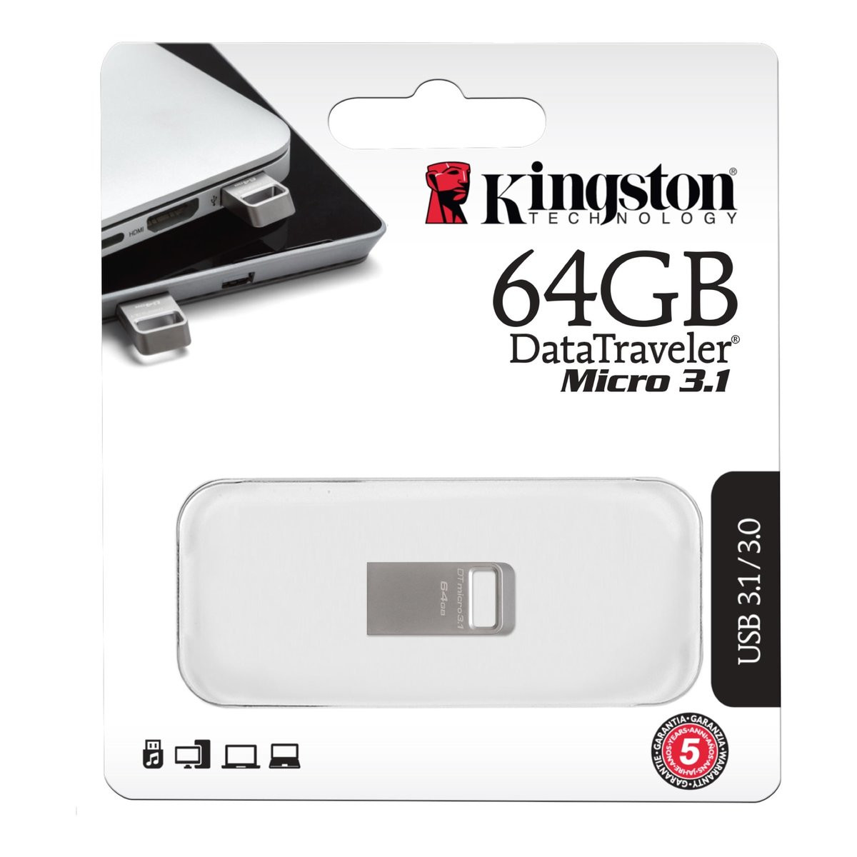 Флешка Kingston USB 3.0 DTMicro USB 3.1/3.0 Type-A 64GB Metal - 2